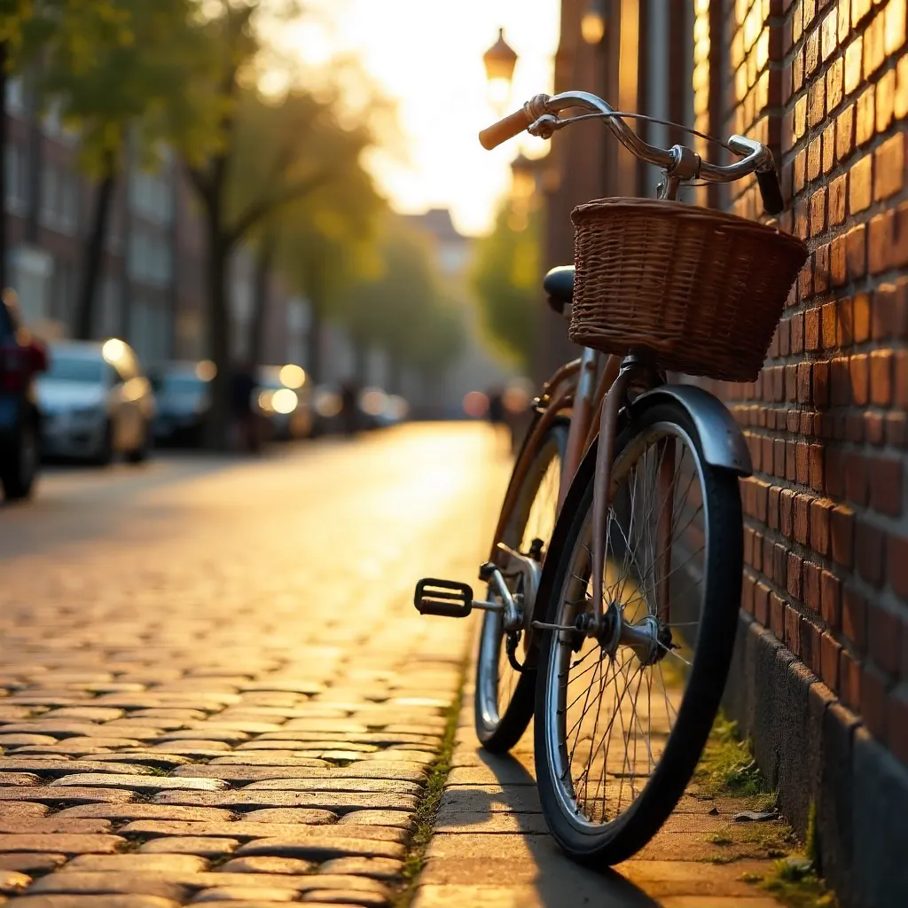 Sunlit Dutch Bicycle Leaning on a Warm Amsterdam Brick Wall