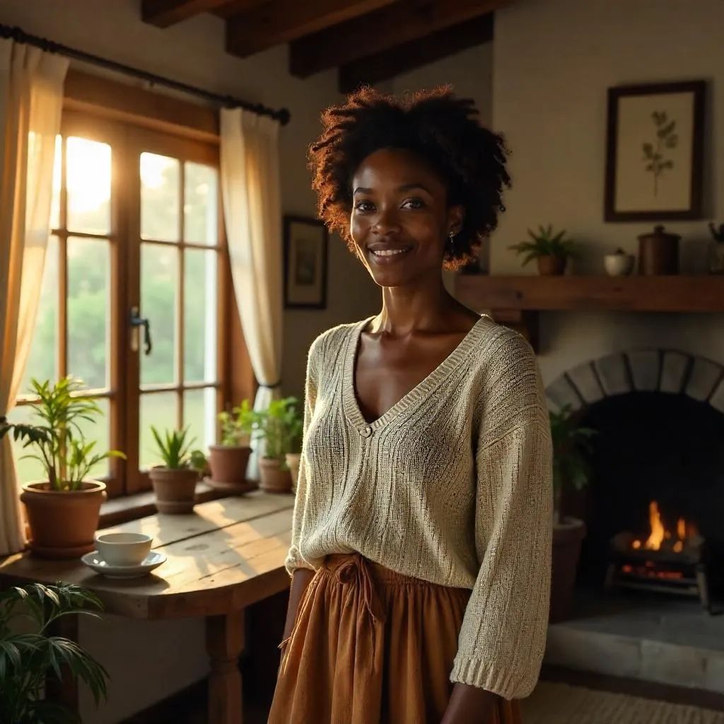 Photorealistic Portrait: Black Woman in a Cozy Cottage