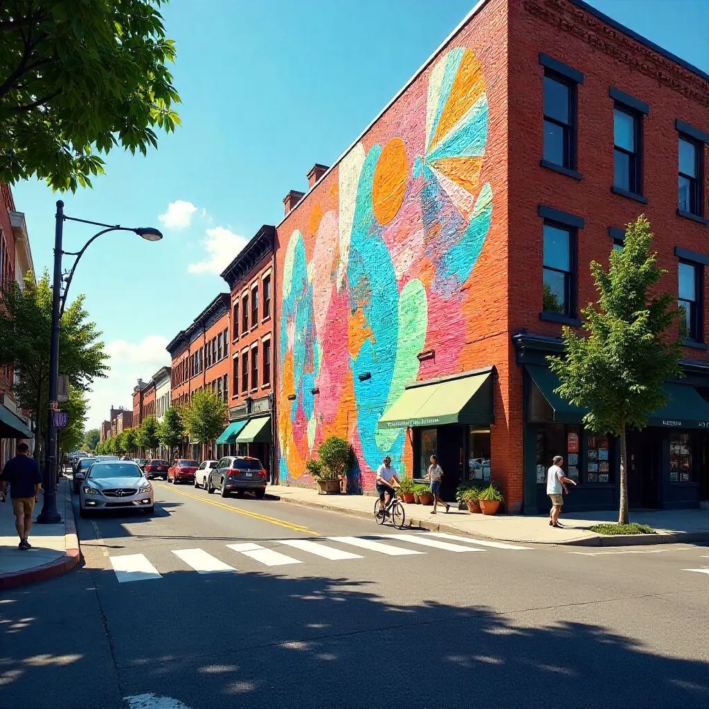 Sunlit City Street with a Giant Mural and Crosswalk