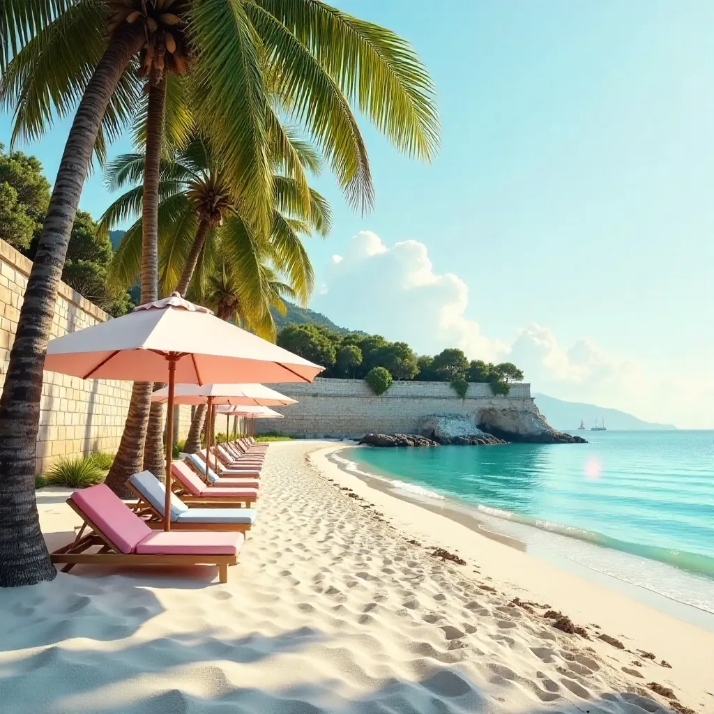 Serene Beachfront by Historic Stone Wall with Palm Trees and Parasols