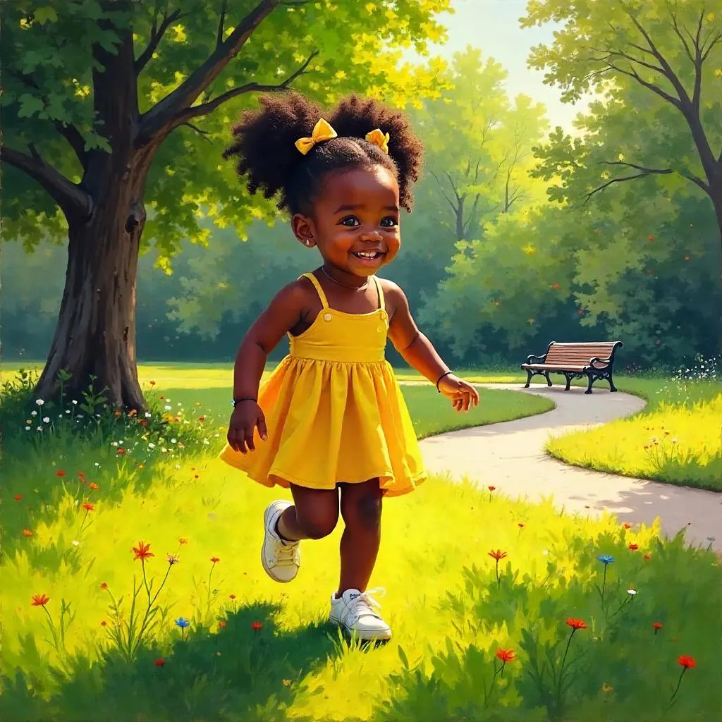 Joyful Park Moment: An Oil Portrait of a Black Girl