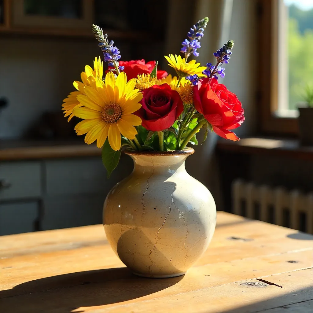 Sunlit Rustic Vase with Vibrant Flowers
