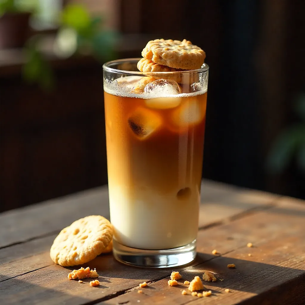 Iced coffee crowned with crunchy biscuits on rustic wood