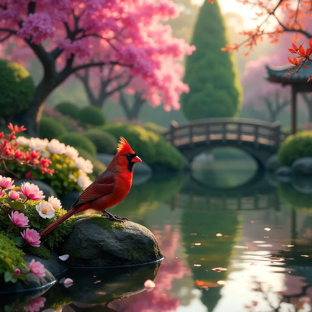 Red-crested cardinal on rock in Buenos Aires Japanese garden