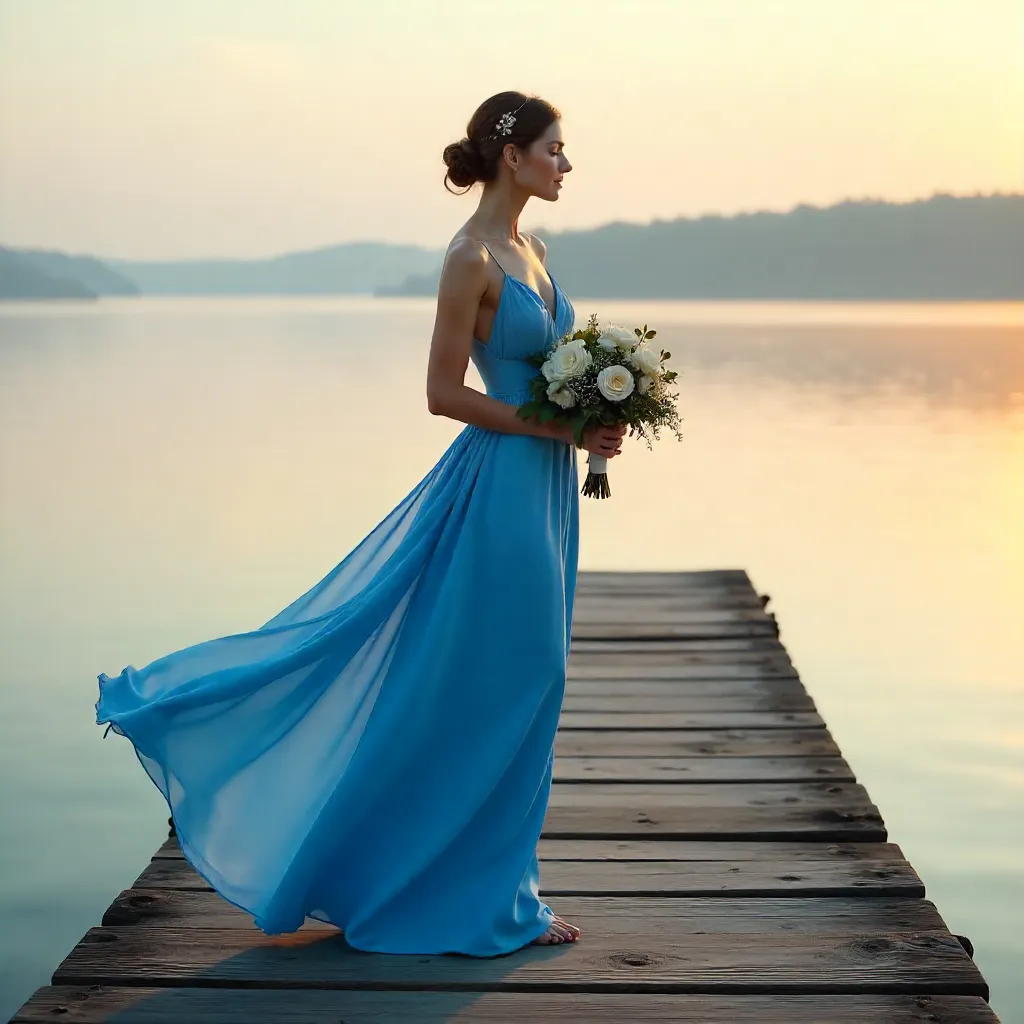 Elegance on the Lake: Woman in a Flowing Blue Dress