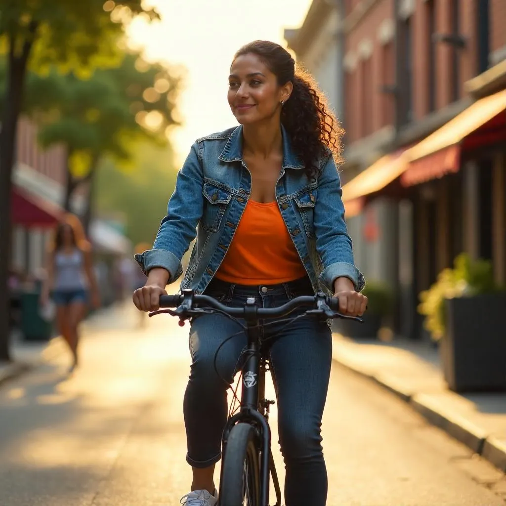 Confident Latina Woman Riding a Bicycle