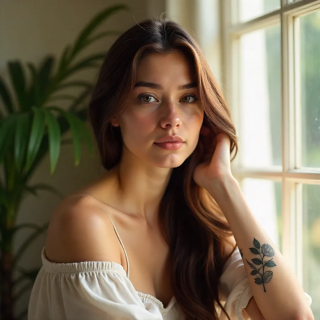 Natural Light Portrait: Woman with Long Hair and Tattoo