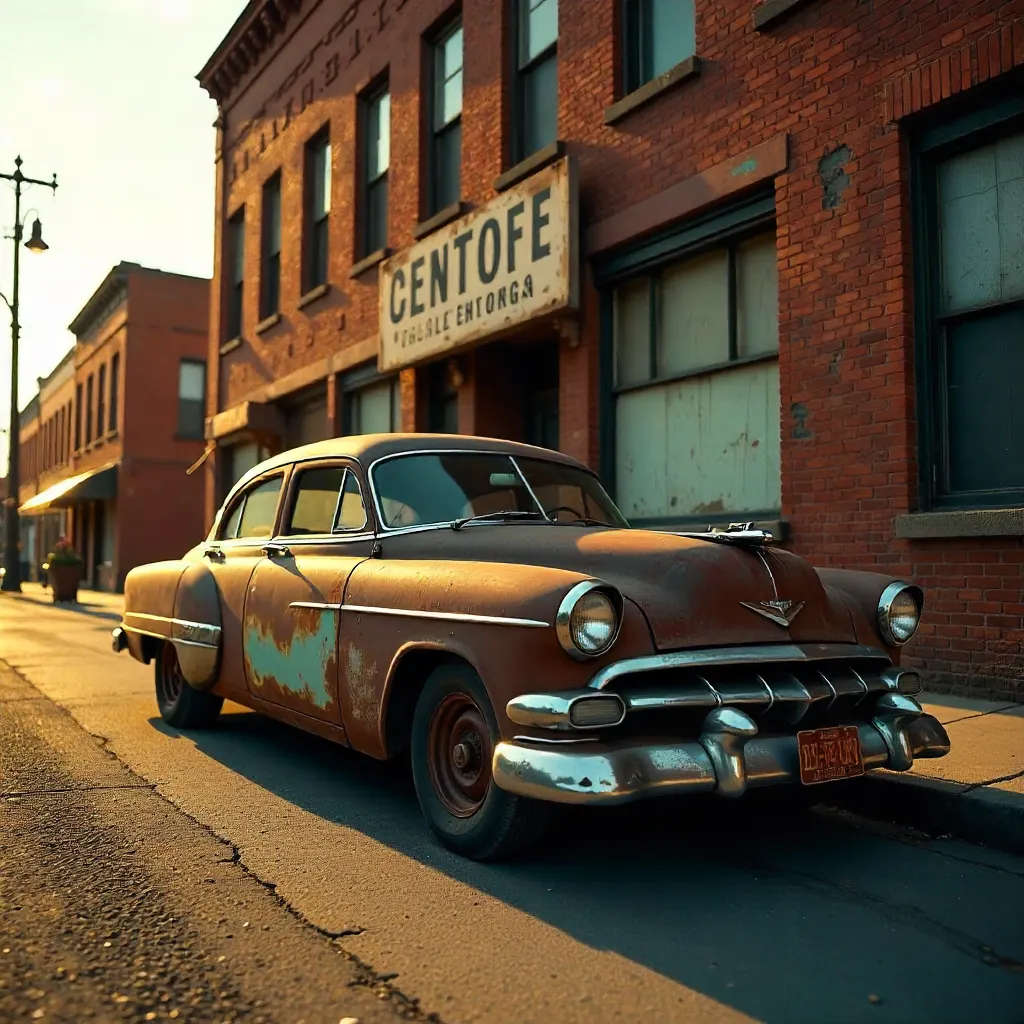 Evening Rust: Vintage Car by Faded Signage