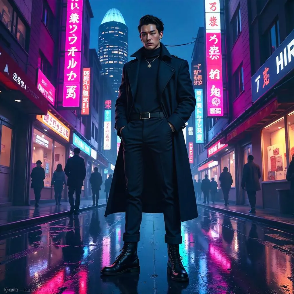 Neon Night: Stylish Anime Asian Man on a City Street