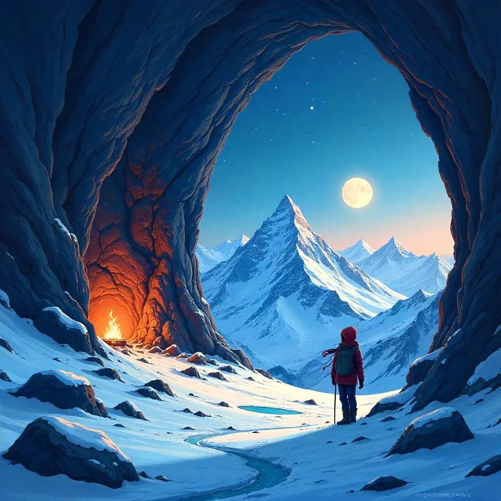 Cave Entrance on a Snowy Summit - Anime Scene