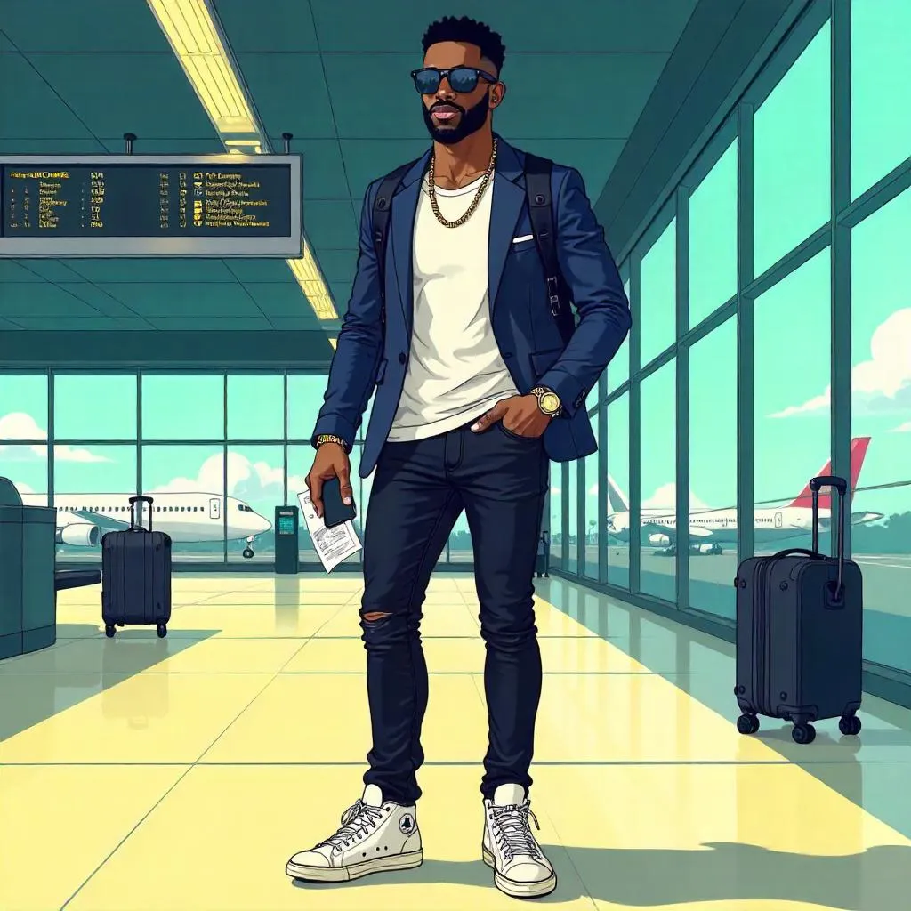Cartoon Chic: Stylish Black Man at the Airport