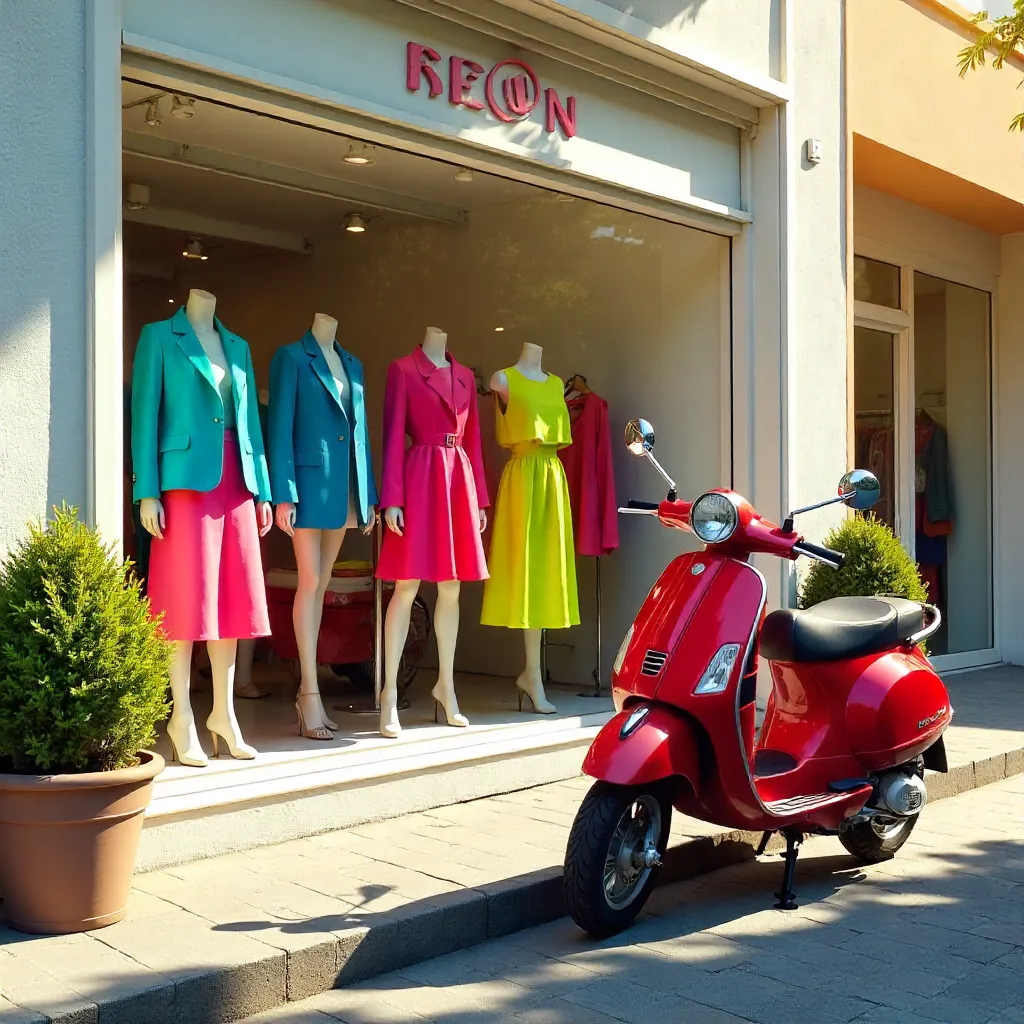Sunlit Storefront with Vibrant Clothing Display and Red Scooter