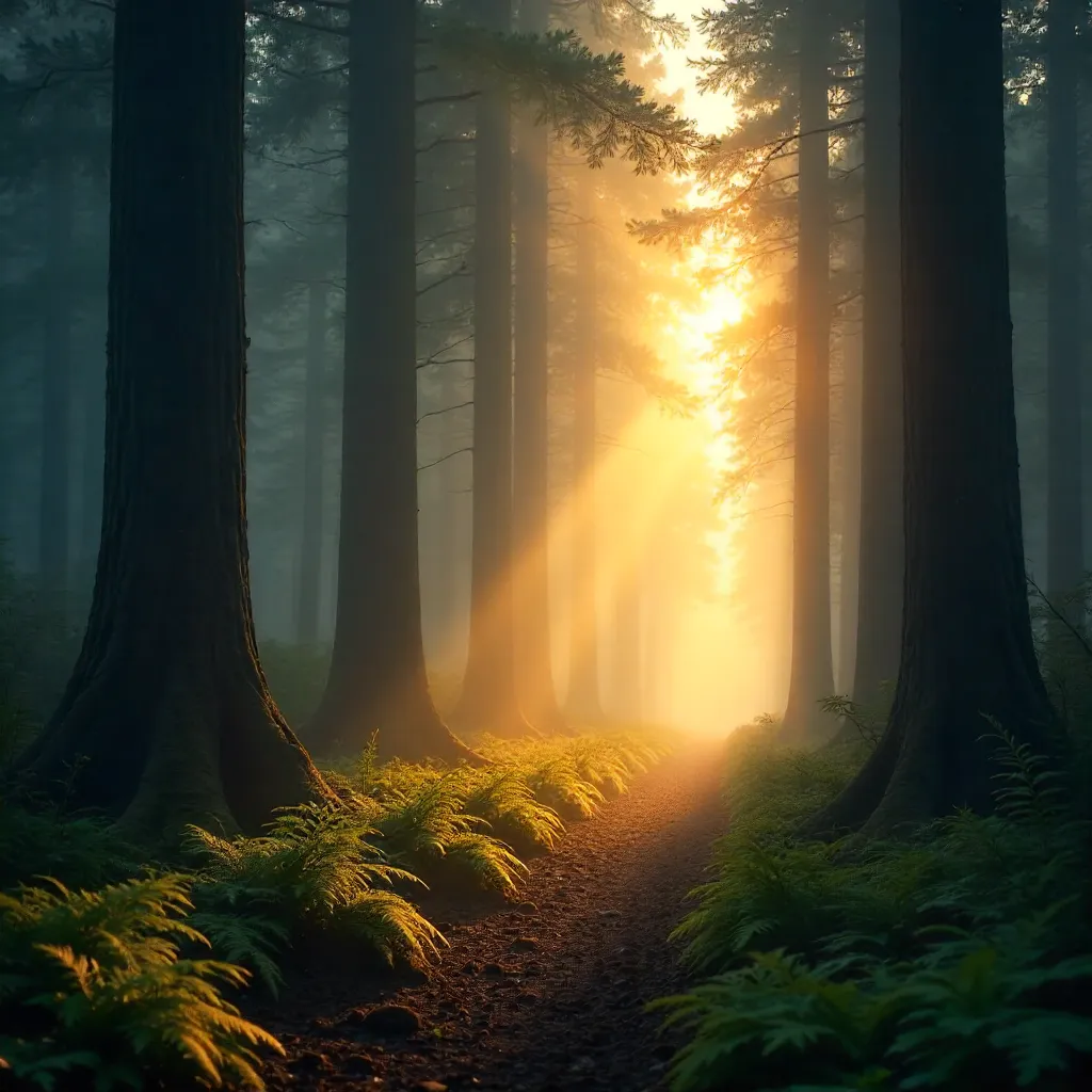 Dawn Sunbeams Through Dense Forest Silhouettes