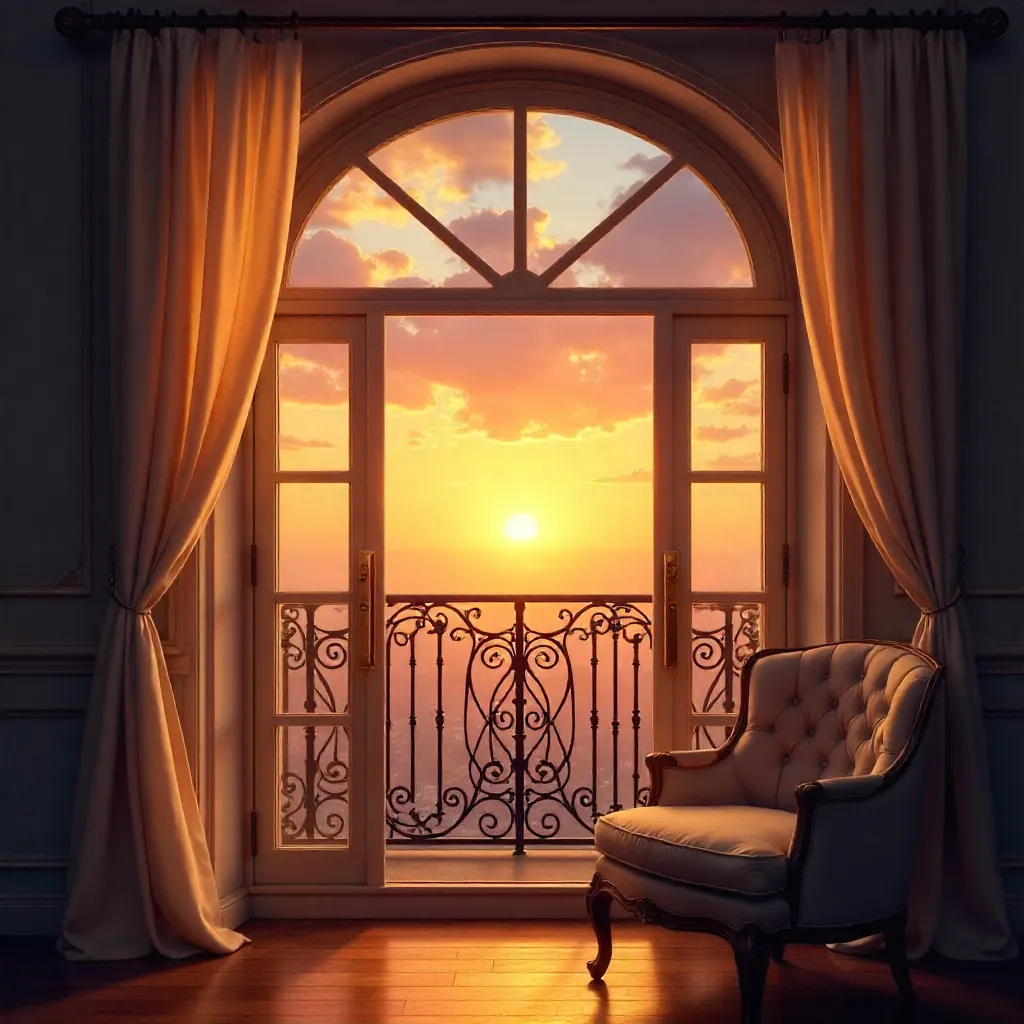 Sunset Reflected in an Arched Window with Wrought Iron Balcony