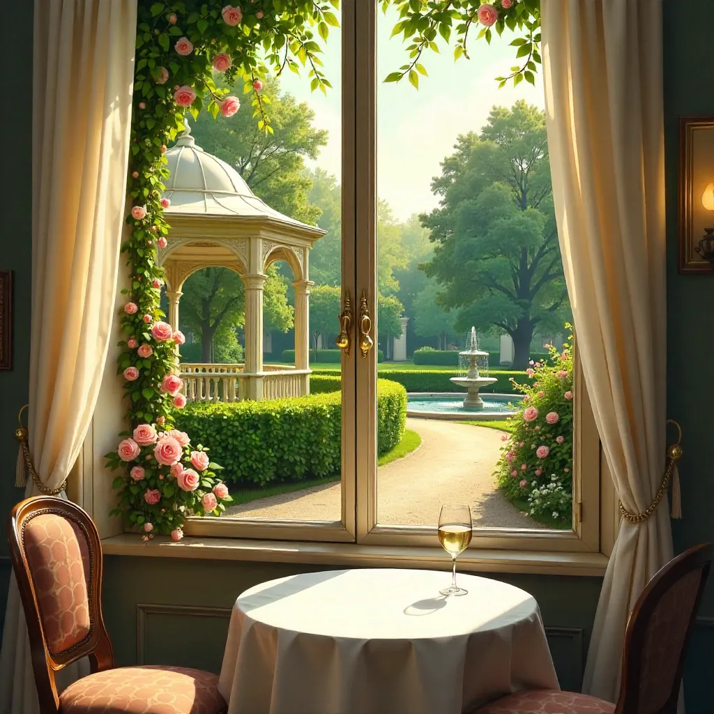 Sunlit Gazebo Garden Viewed from a French Bistro Window