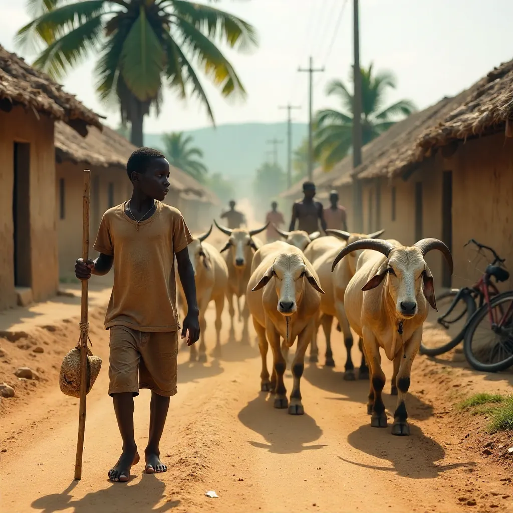 Daylight Herding through a Nigerian Village Road