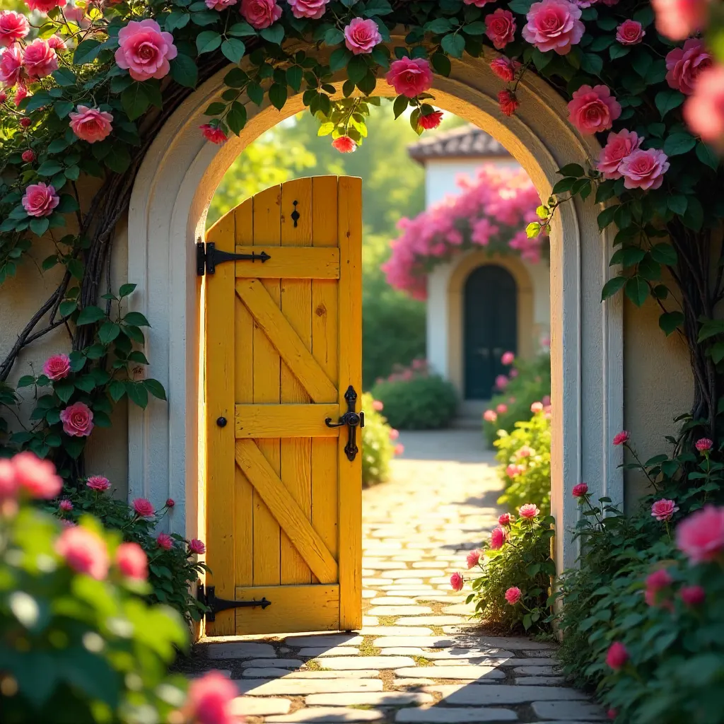 Sunny Yellow Gate with Pink Flowers