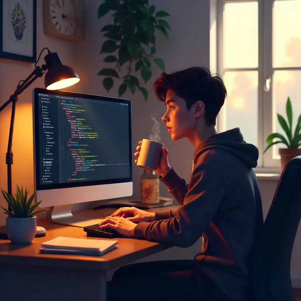 Cozy Coding Moment: Young Coder at Desk with Mug