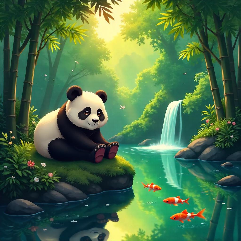 Panda in an Anime Hidden Lagoon