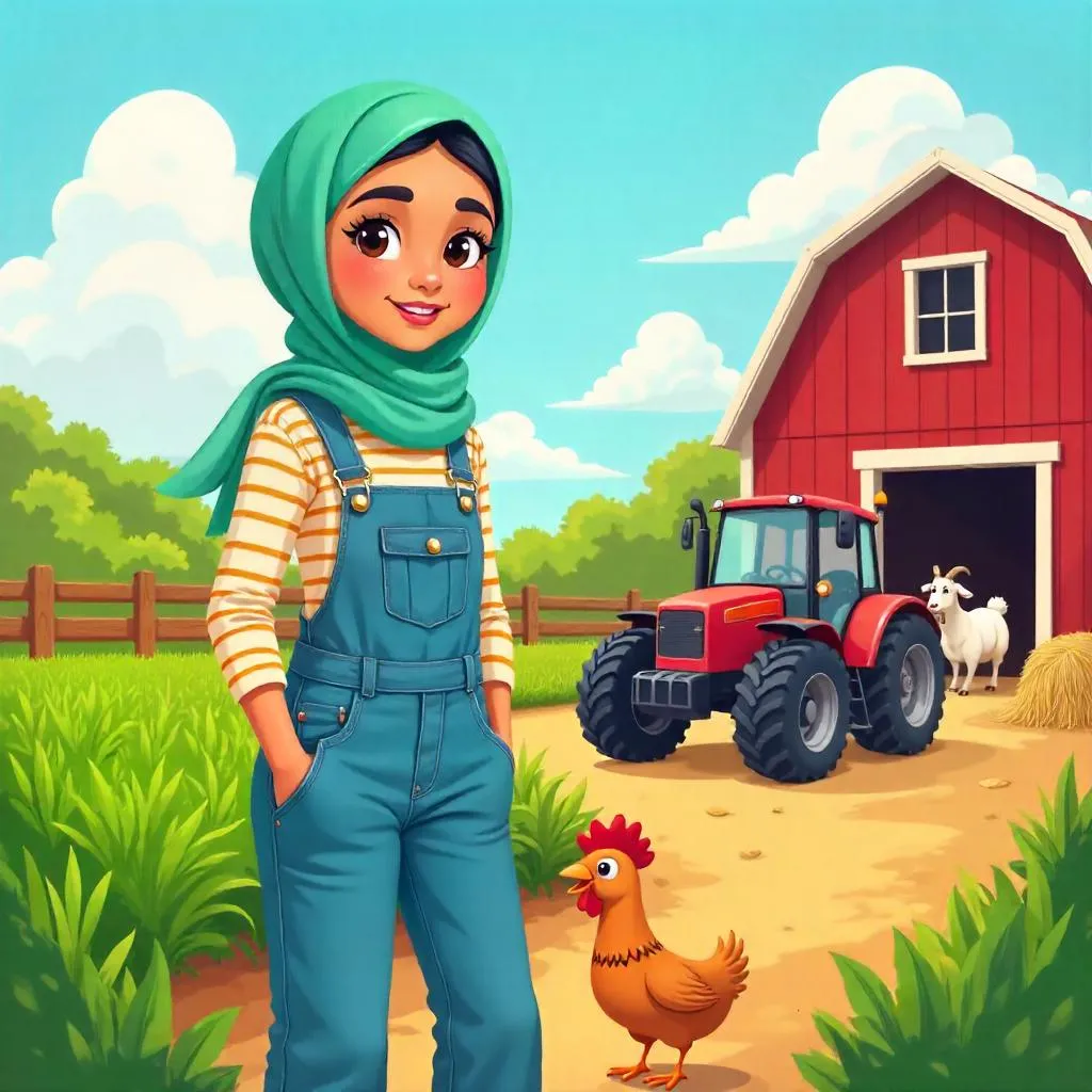 Cartoon Farm Day with a Young Middle Eastern Woman