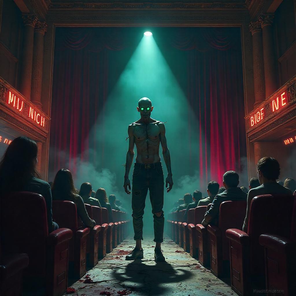 Neon-Dominated Zombie in a Hollow Theater - Digital Art