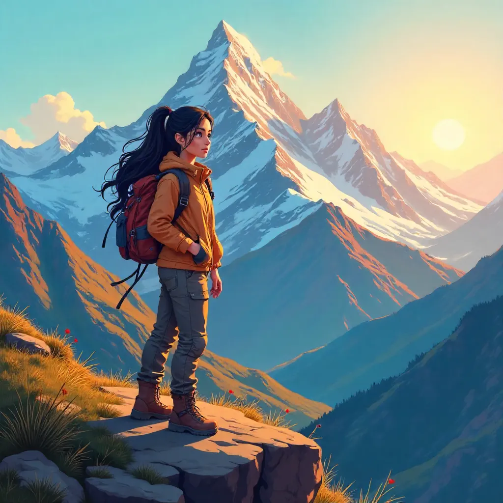 Anime Latina Adventurer in Sunrise Mountain Landscape