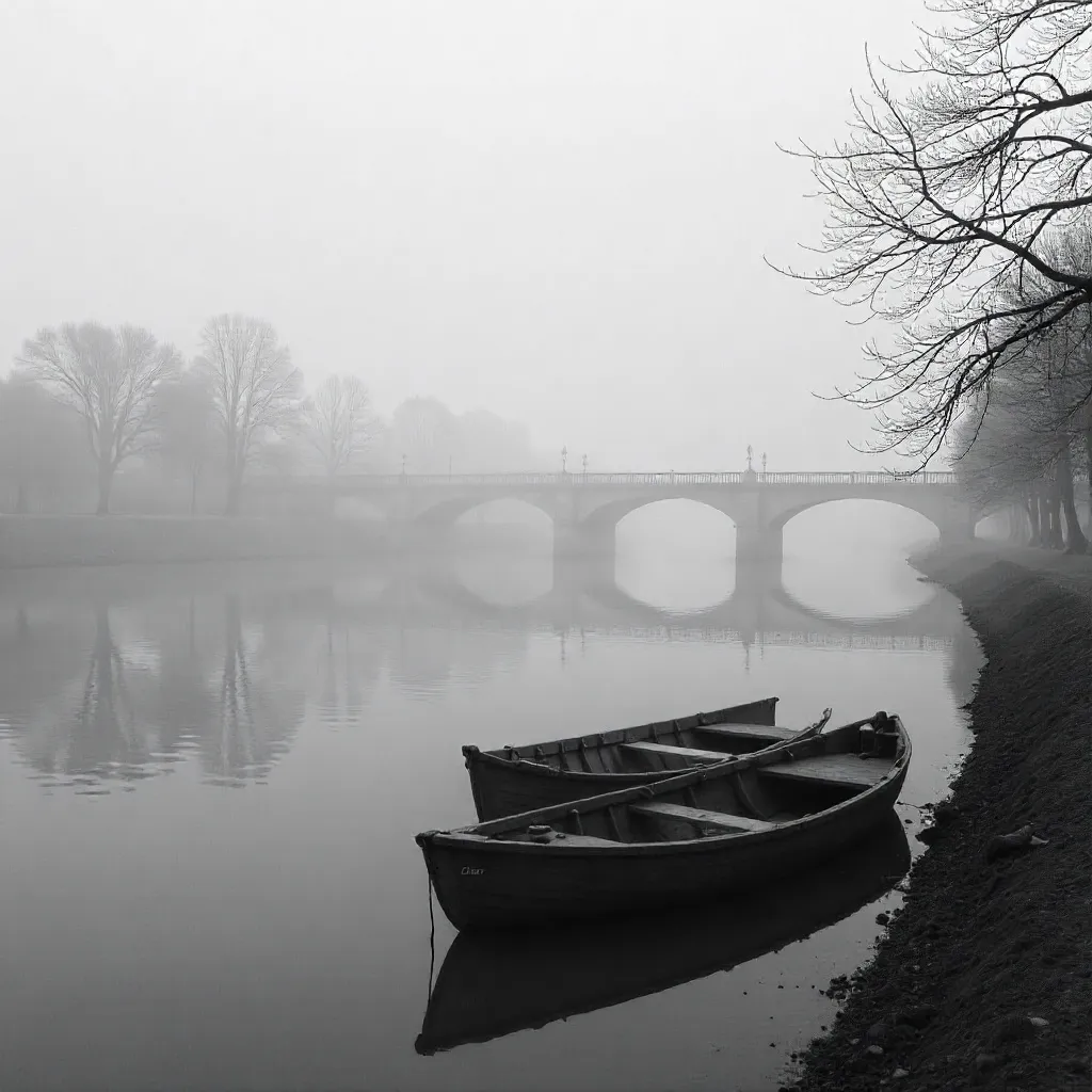 Foggy Riverside Boats Under a Tranquil Bridge
