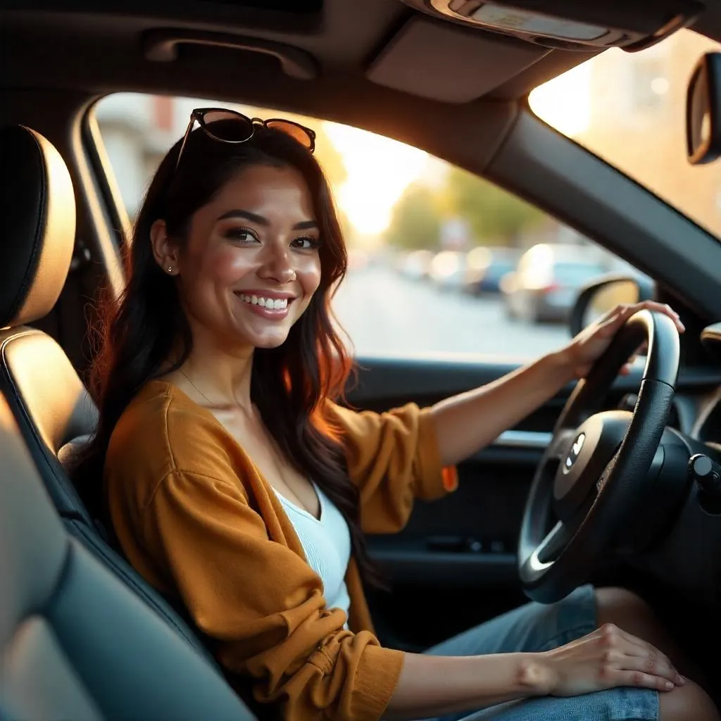 Cheerful Latina woman in a sunny car – 3D render