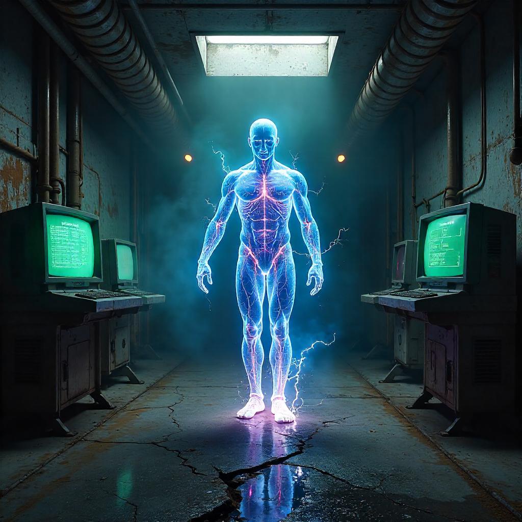 Photorealistic Energy Being in a Concrete Bunker