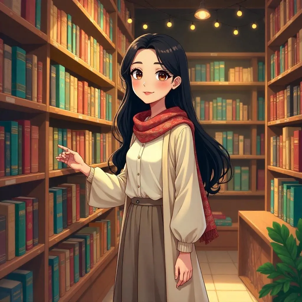 Anime Middle Eastern Girl in a Cozy Bookstore