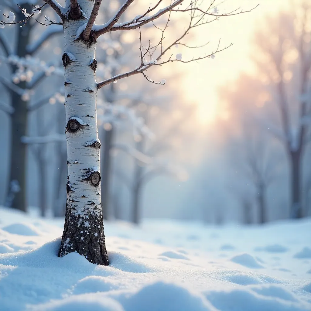 Dreamy Lone Birch in Blurred Winter