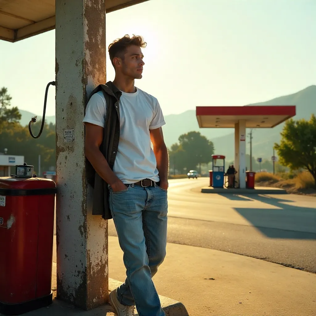 Tranquil Morning: Young Man Leaning on a Gas Station Pillar