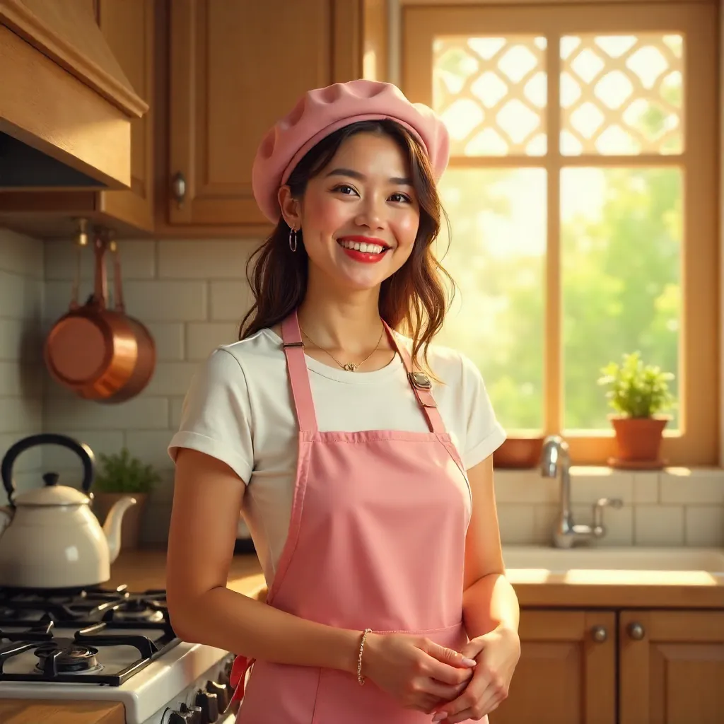 Beaming Smile in a Cozy Pink Kitchen
