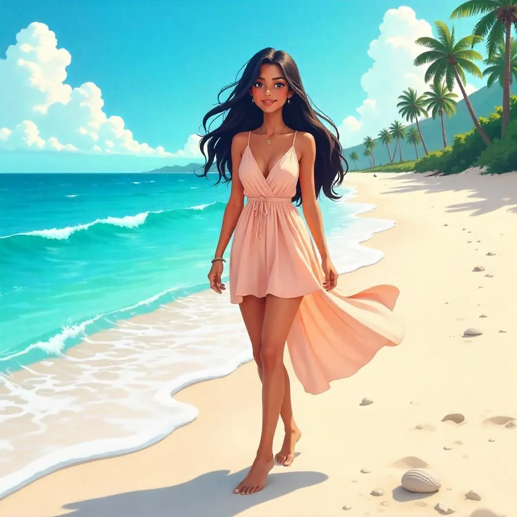 Sunlit Anime Beach: Indian Woman by the Shore