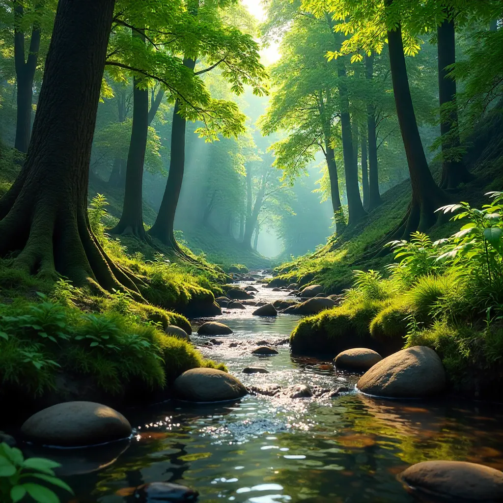 Tranquil Stream Winding Through Dense Green Forest