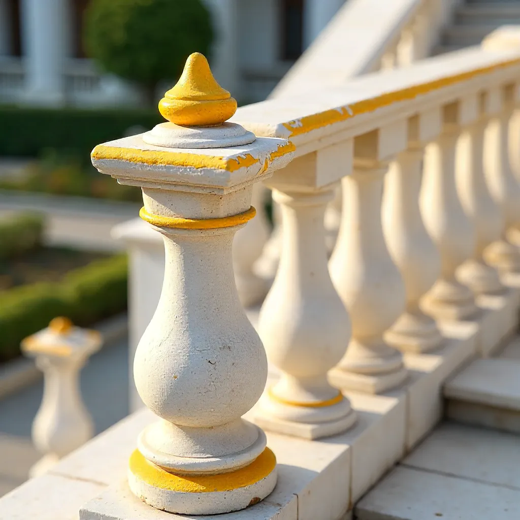 Close-Up of a White Stone Balustrade with Yellow Accents