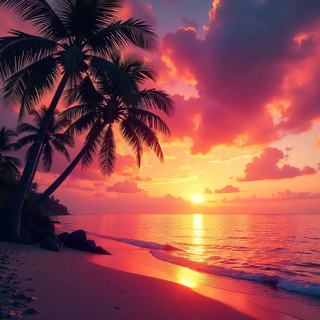 Silhouetted Palm Trees at a Vibrant Tropical Sunset