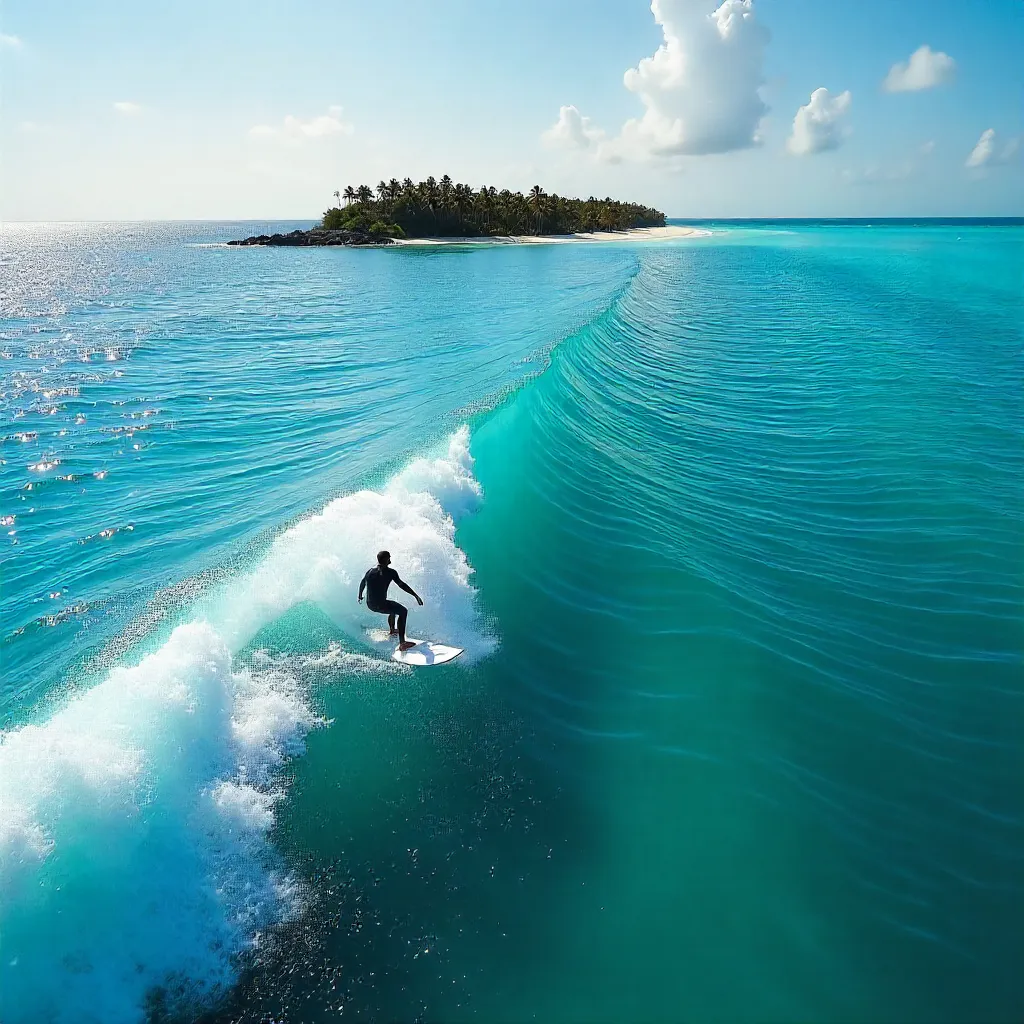 Aerial Surfer over Bright Maldivian Waves in Fuvahmulah