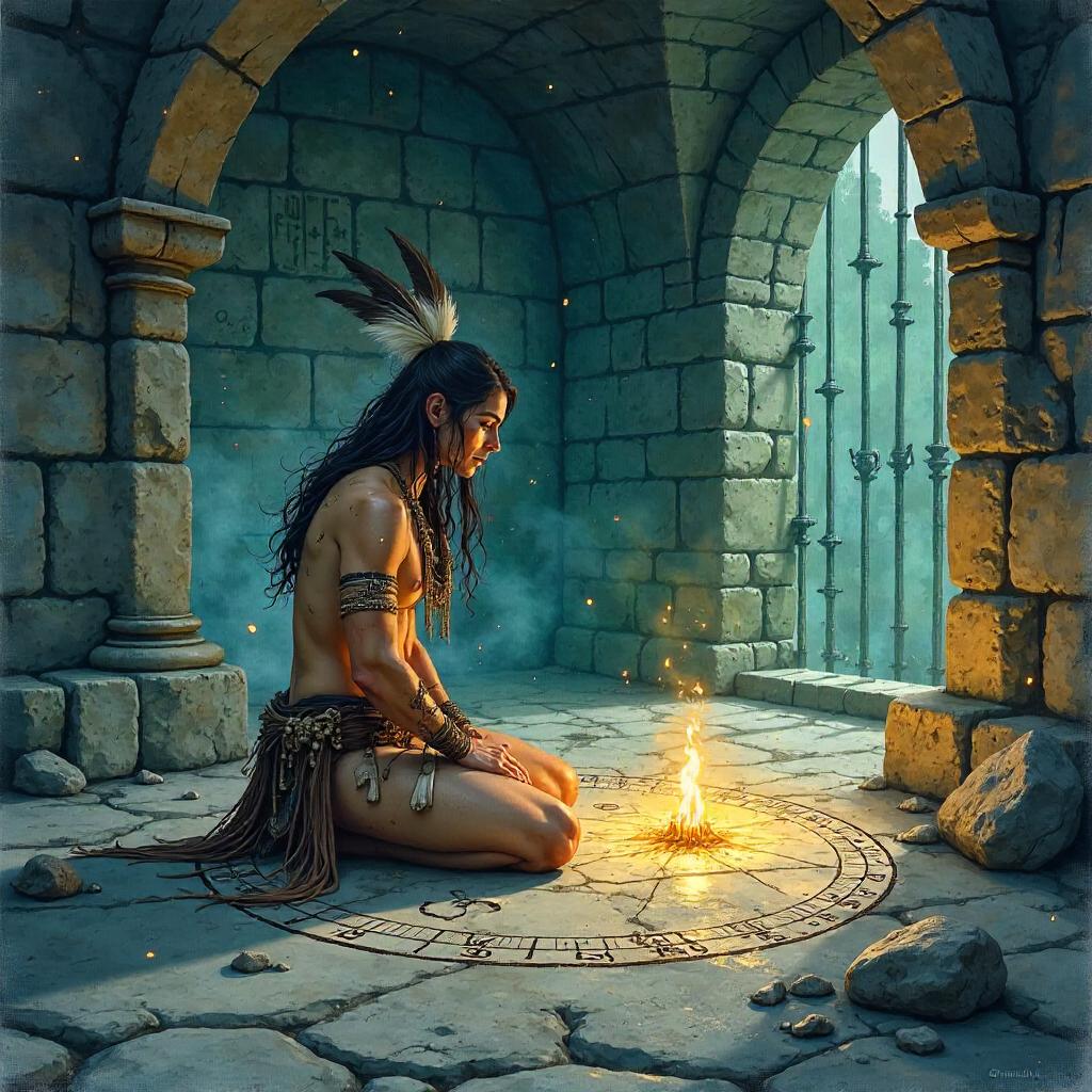 Watercolor Shaman in Castle Dungeon Ritual by Torchlight