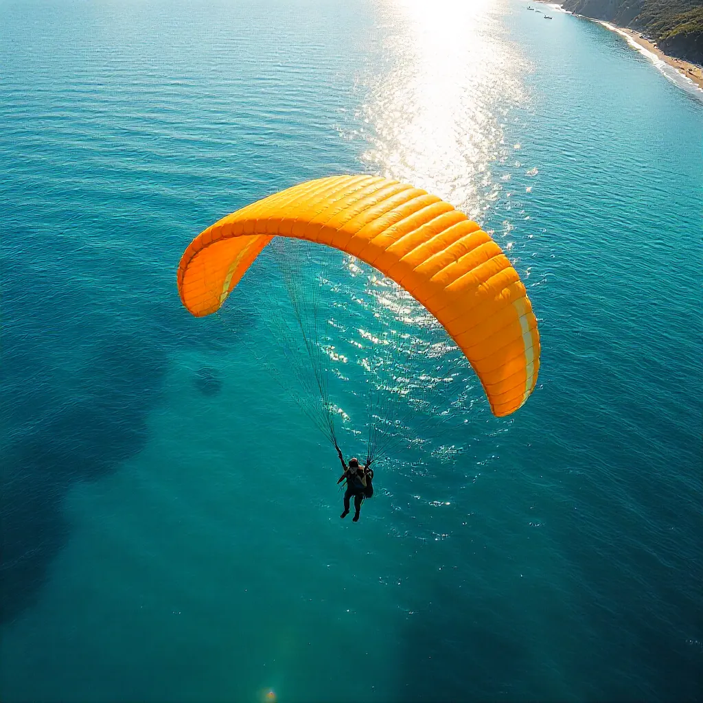 Overhead Glide: Paraglider Over a Calm Ocean