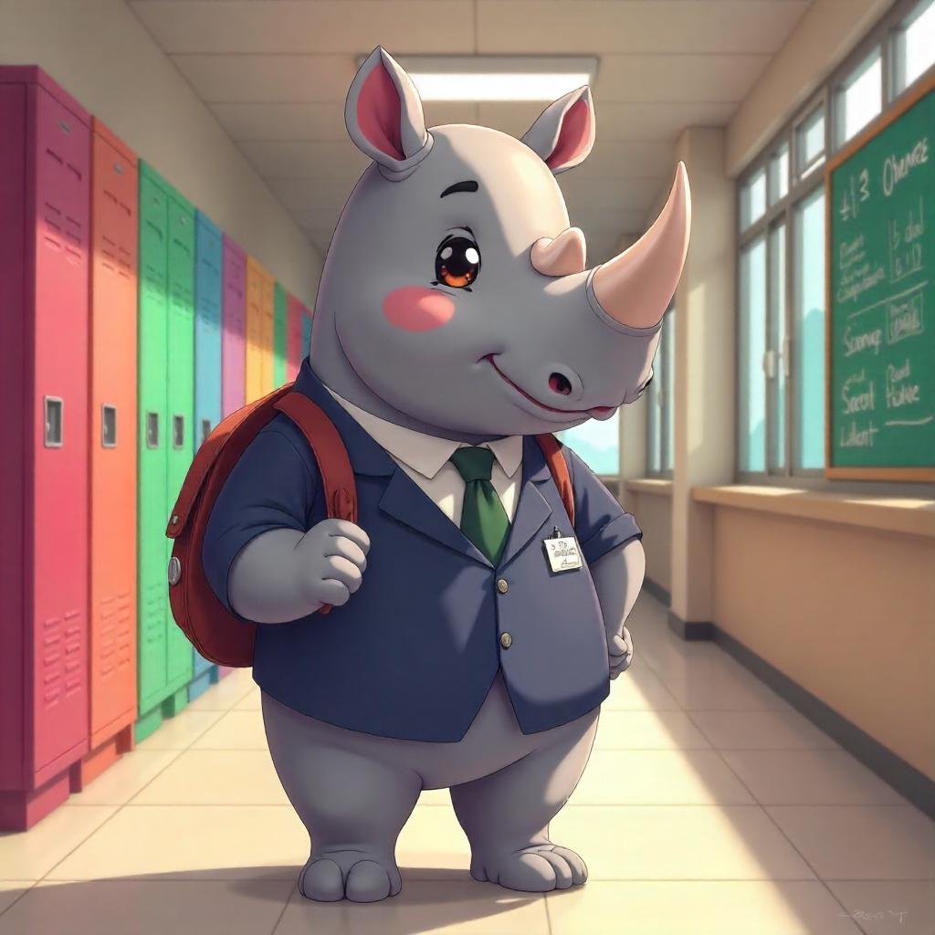 Rhino Student in a Colorful Anime School Hallway