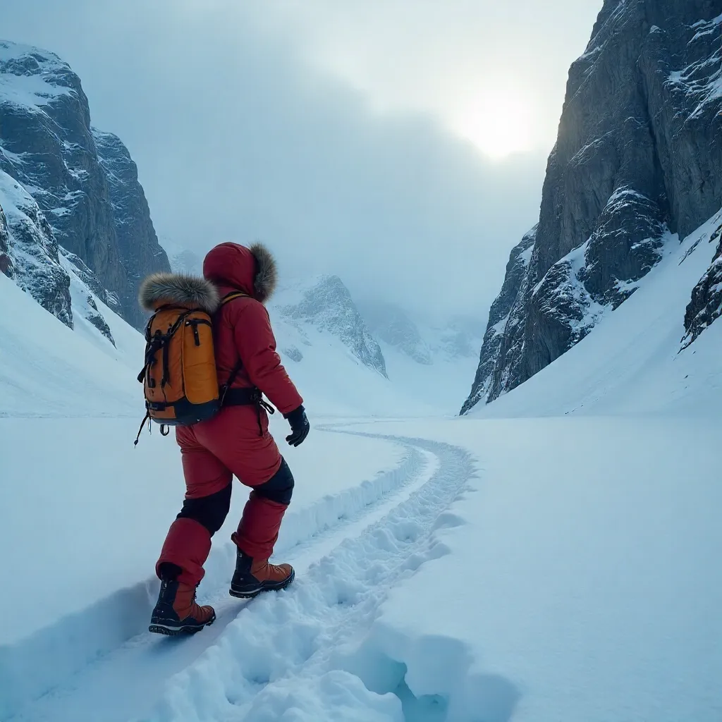 Antarctic Expedition: Man in Warm Gear by Rocky Cliffs