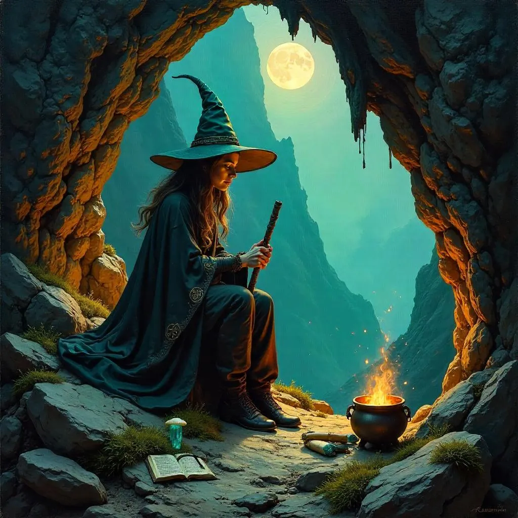 Witch in a Mountain Cave, Oil Painting