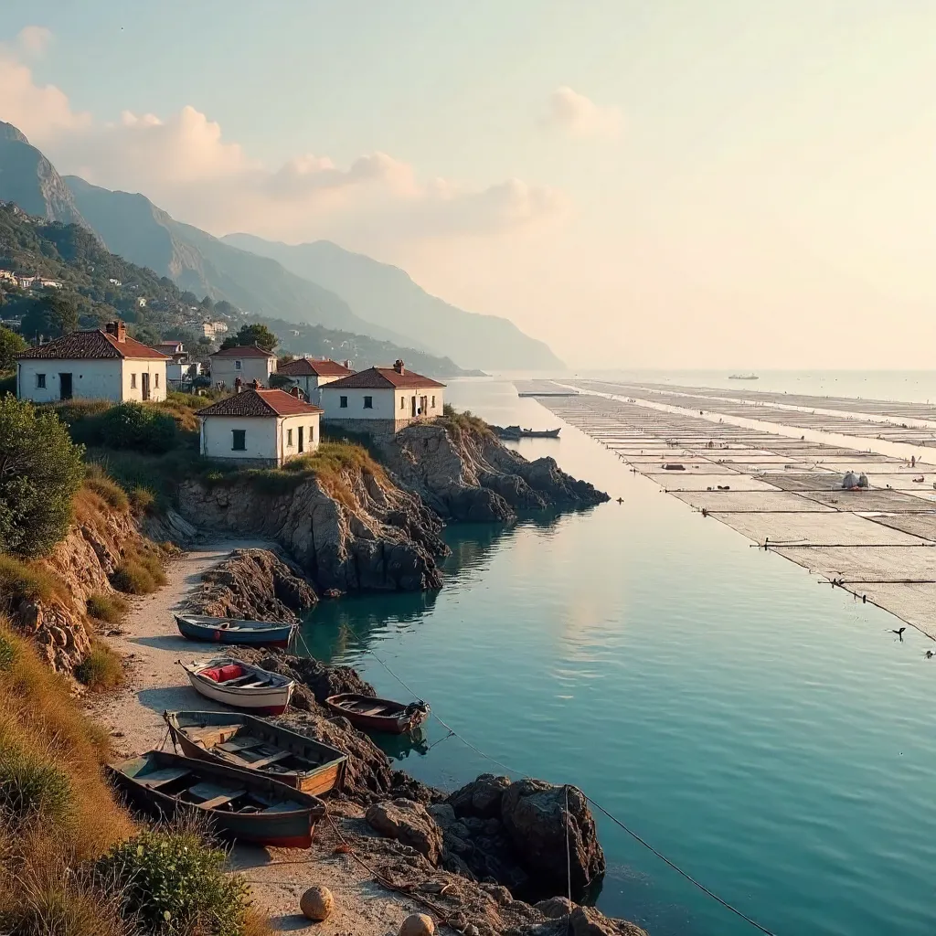 Serene Coastal Village Overlooking Vast Sea Farms