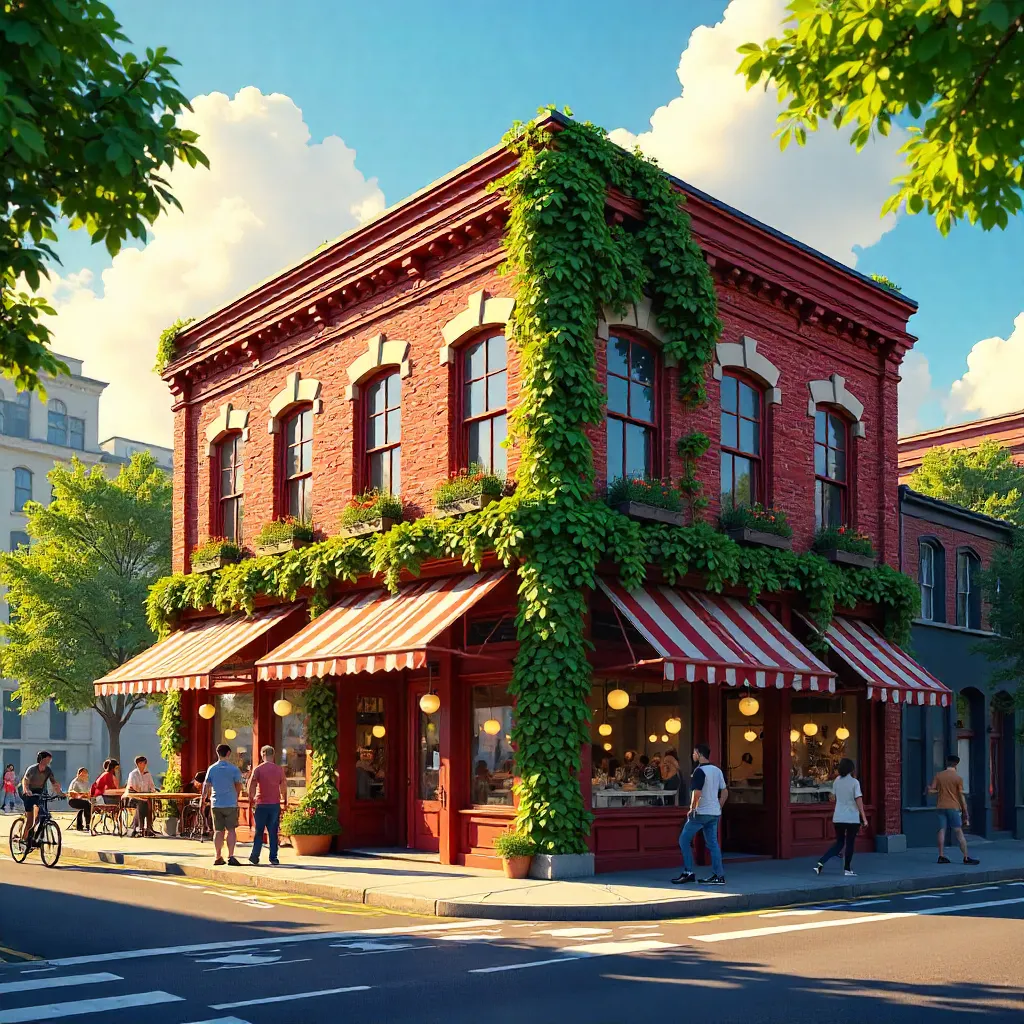 Vibrant Red Brick Corner With Lush Greenery