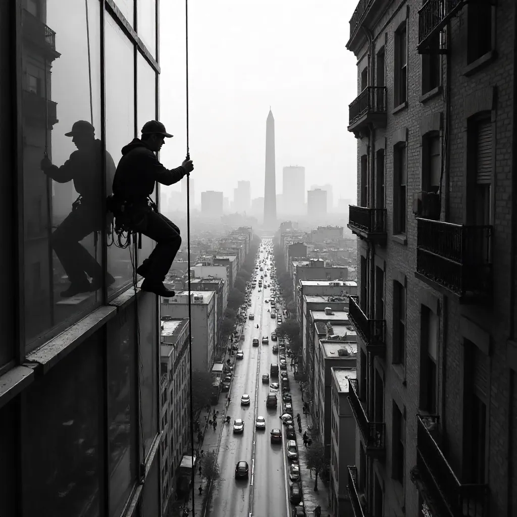 Monochrome Window Cleaner Over Buenos Aires Skyline