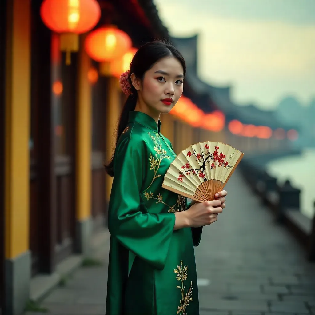 Ao Dai with Fan on Hoi An Lantern Street