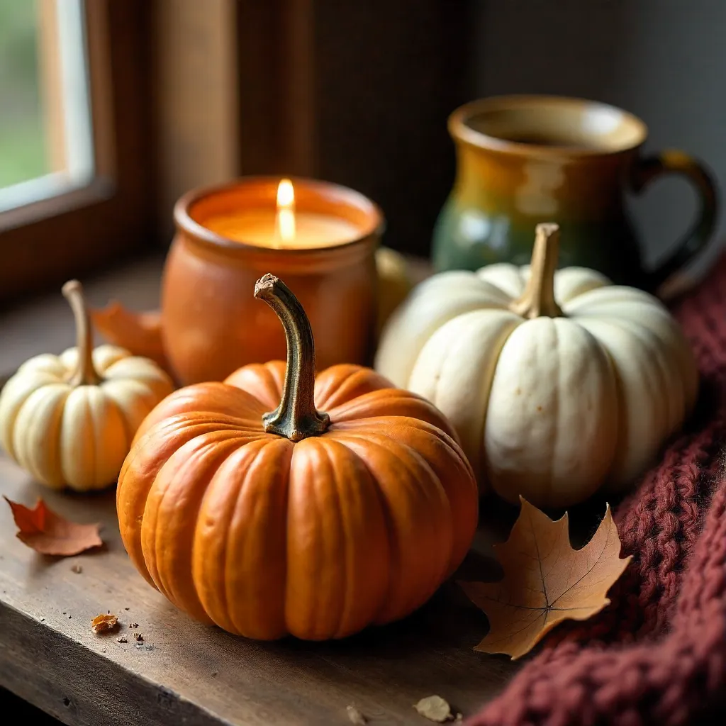 Cozy Autumnal Pumpkins and Candle Scene