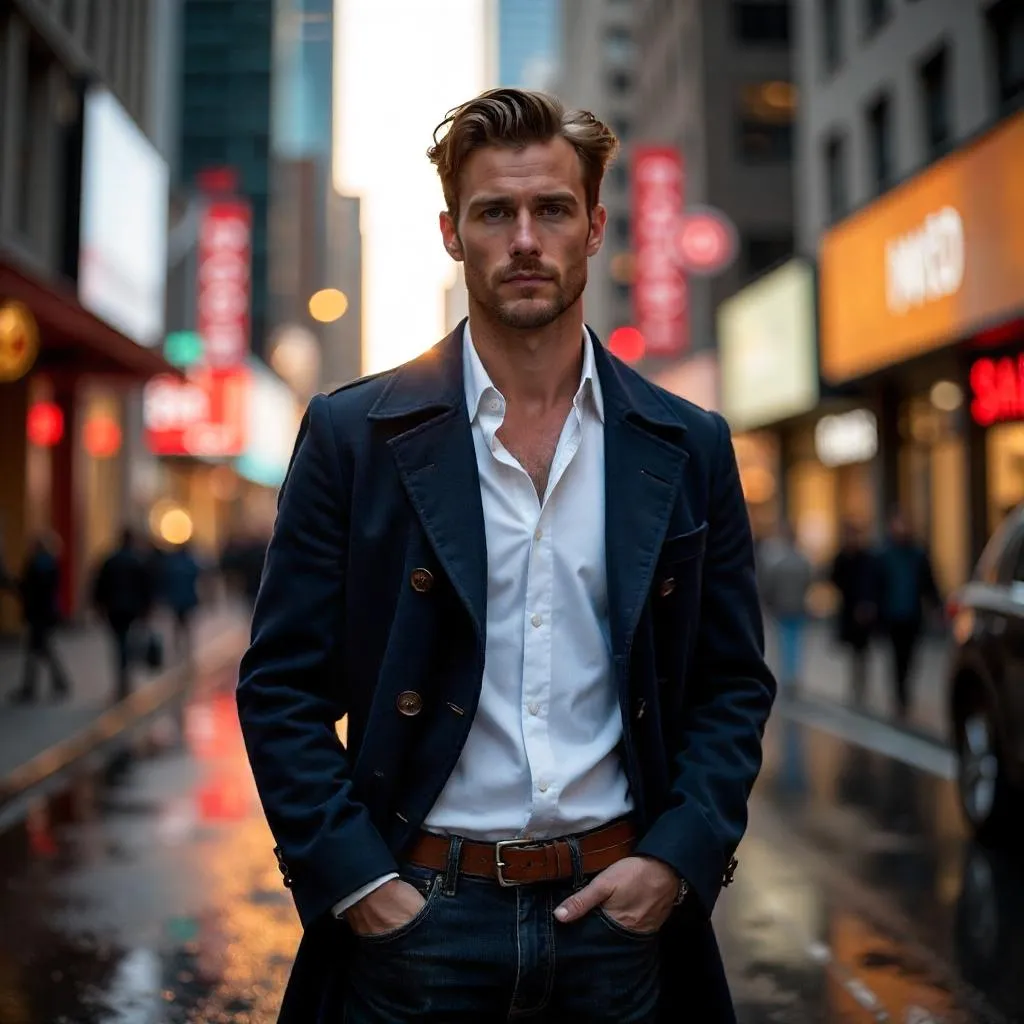 Handsome White Man on a Neon City Street - Photorealistic