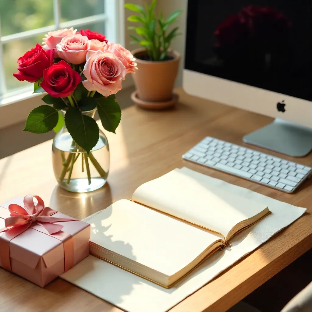 Elegant Office Desk: Roses, Gift & Notebook with Keyboard